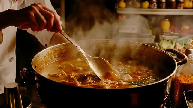 A chef stirring a steaming pot of soup in a kitchen filled with spices and ingredients, capturing the essence of culinary art and gastronomic traditions