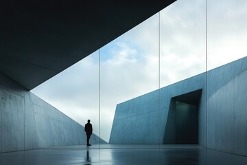 A solitary figure stands in a minimalist concrete structure, gazing towards a bright sky through a large glass panel.