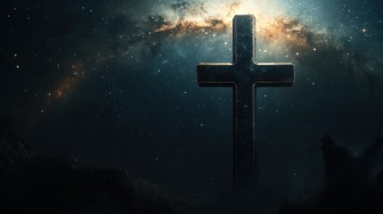 Fototapeta premium Cross Silhouette Against Starry Galaxy