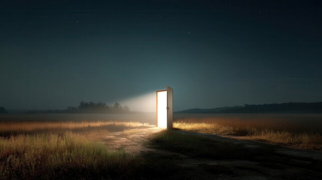 Light shining trough open door in field landscape at night, concept of new goals and progress.