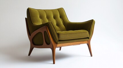 Mid-century modern green armchair set against a white backdrop