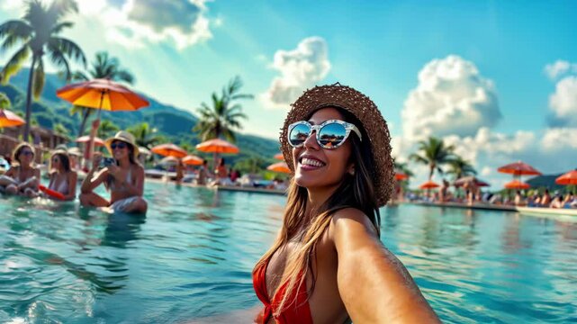 Woman taking selfie in tropical resort pool with straw sunhat and sunglasses. Paradise vacation with palm trees, mountains and luxury hotel background. Summer holiday travel destination with turquoise