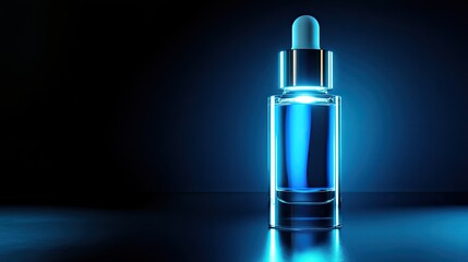 Naklejka premium Anti-aging serum bottle illuminated by glowing white and blue light, with elegant floating elements.