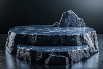 Elegant stone podium display for product presentation with dark background and moody lighting studio shot