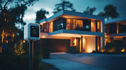 A smart home security system, living room with cameras monitoring the house, Security-tech style