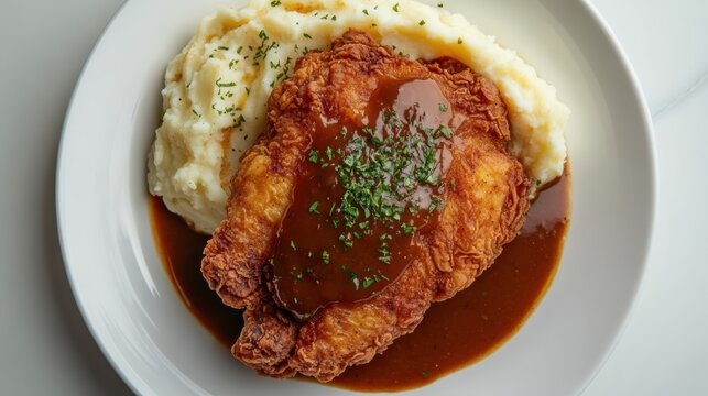 A top-down shot of a crispy fried chicken with mashed potatoes and gravy, placed on a white plate, on a white background