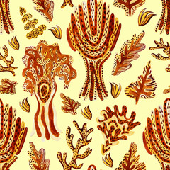 Set of watercolor yellow mystic forest pattern. Leopard motives. Autumn leaves and trees
