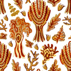 Set of watercolor yellow mystic forest pattern. Leopard motives. Autumn leaves and trees
