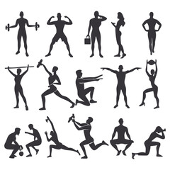 Silhouettes of people doing fitness yoga and sports activities