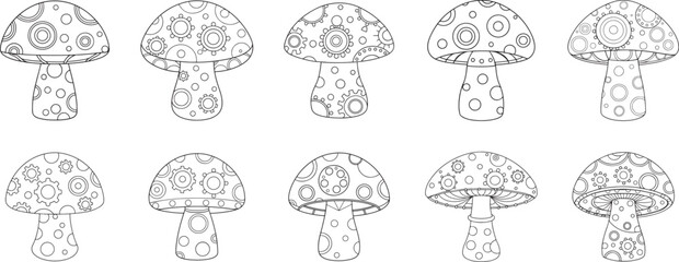 Collection of Steampunk mushroom house outline coloring book page, line art vector illustration
