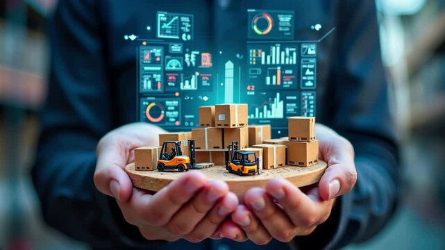 Hands holding warehouse with forklifts and cardboard boxes against digital analytics dashboard. Supply chain data visualization with logistics kpis, inventory metrics, and transportation