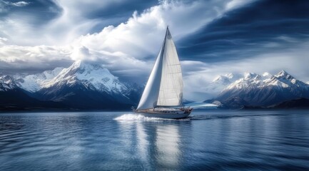 Sailboat on a lake with snow-capped mountains in the background, a New Zealand landscape.