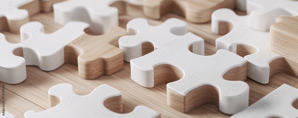 Poster White puzzle pieces connecting on wooden background are representing teamwork and problem solving