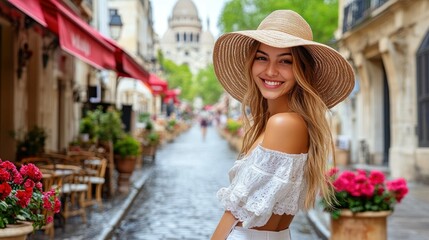 Charming Parisian Summer: A Woman Smiles on a Cobblestone Street