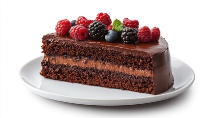 A bird is eye view of a delicious chocolate cake with frosting and berries on top, placed on a white plate, on a white background