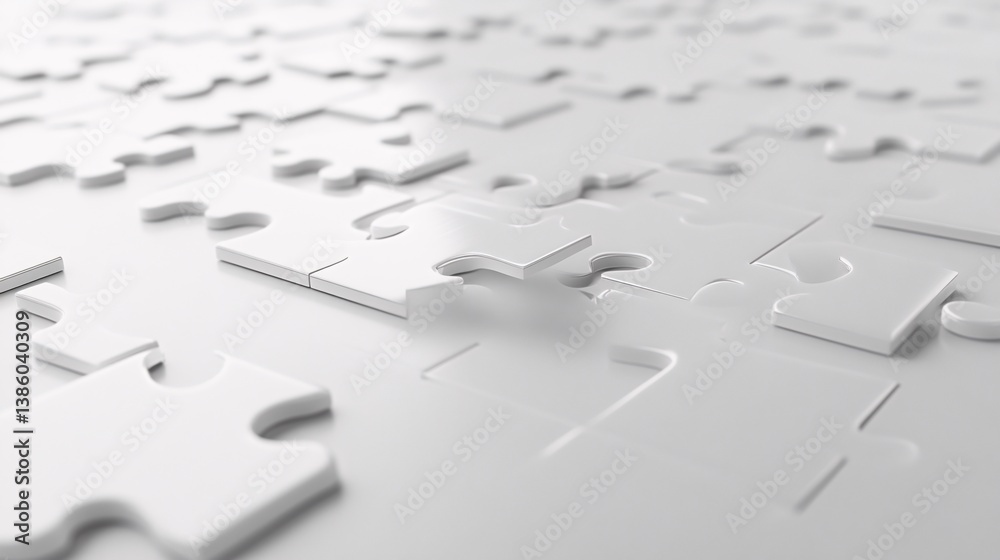 Poster incomplete white jigsaw puzzle rests on a blank surface, evoking a minimalist and thought-provoking 