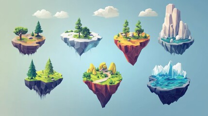 Illustration of Seven Floating Islands with Terrains and Clouds