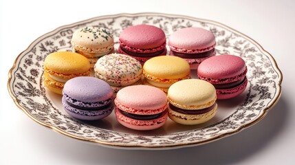 Obraz premium A bird is eye view of a plate of colorful macaroons in different flavors, arranged on a decorative plate, on a white background