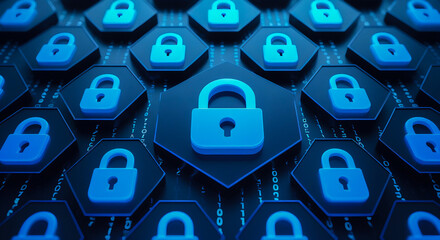 A digital fortress of countless blue padlocks, each safeguarding precious data in a secure, interconnected network with a dark, hexagonal grid background.