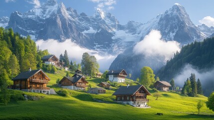 Alpine Village Serenity: Majestic Mountains and Charming Chalets