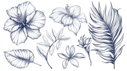 Monochromatic Botanical Illustration with Flowers and Leaves