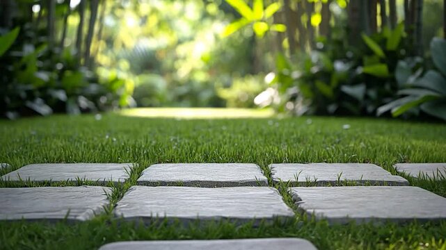 Tranquil garden pathway with stone tiles leading through lush greenery and vibrant foliage