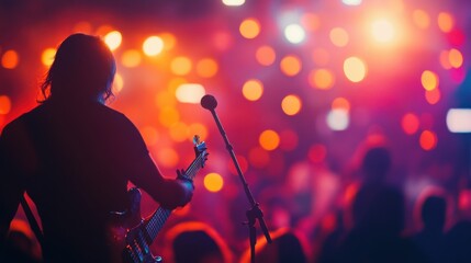 Fototapeta premium Musician Playing Guitar on Stage with Crowd and Lighting