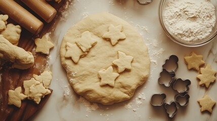 Fototapeta premium A top-down shot of a baking scene with dough, rolling pin, cookie cutters, and flour scattered on a kitchen counter, on a white background