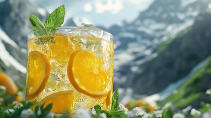 A citrus-infused summer drink with ice and mint leaves.