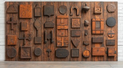 Wooden wall display with engraved shapes