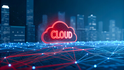 The glowing red cloud symbol of the digital age rises above a futuristic cityscape, a network of connections pulsating beneath it.