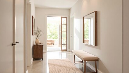 Bright Hallway with Built-in Bench and Large Mirror