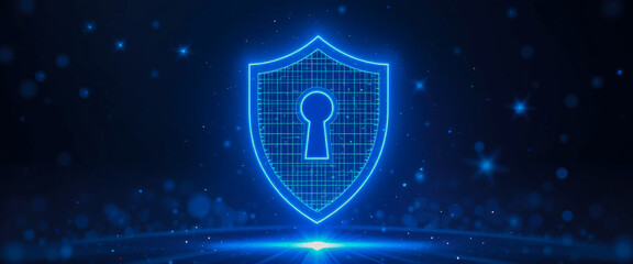 A glowing digital shield, a symbol of impenetrable online security and data protection, radiates in a deep blue digital space.