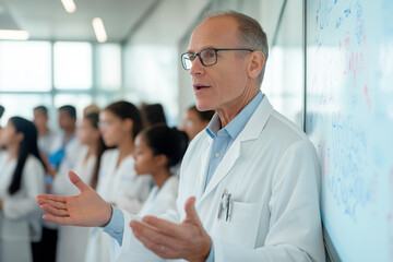 Fototapeta premium Senior doctor in a white coat explaining medical information to students using a board