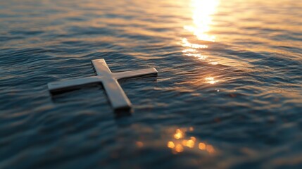 Silver Cross on Water Reflecting Sunset