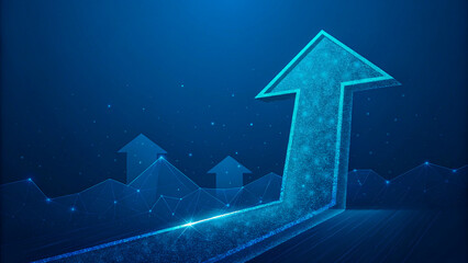 A luminous upward arrow symbolizes growth and progress, soaring above a network of interconnected points, signifying a bright future and potential in a deep blue, futuristic landscape.