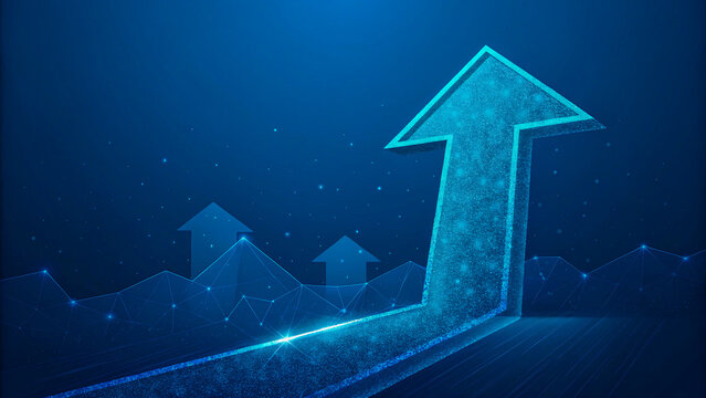 A luminous upward arrow symbolizes growth and progress, soaring above a network of interconnected points, signifying a bright future and potential in a deep blue, futuristic landscape.