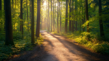 A peaceful forest path wilding through tall tree woods