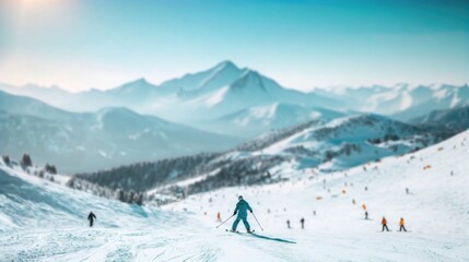 Skier on Slope with Distant Mountain Range