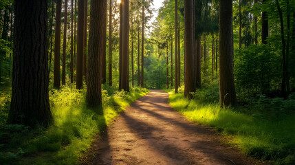 Fototapeta premium A peaceful forest path wilding through tall tree woods