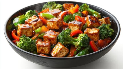 Fototapeta premium A high-angle view of a vegetable stir-fry with tofu, bell peppers, and broccoli in a wok, on a white background