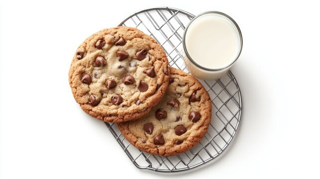 A bird is eye view of a pair of freshly baked chocolate chip cookies on a cooling rack, with a glass of milk, on a white background