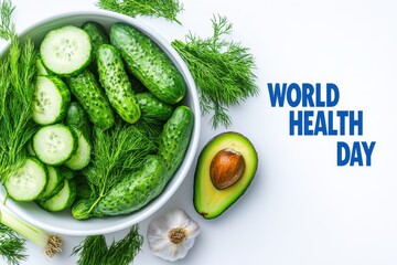 A bowl of cucumbers and an avocado with world health day text on a white background for health promotion
