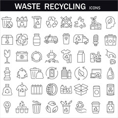 Fototapeta premium Set of 48 recycling waste line icons. Plastic bottle, biodegradable trash, landfill, paper, glass, battery, conveyor vector illustration. Outline signs about garbage recycle. Editable Stroke. Eps 10.
