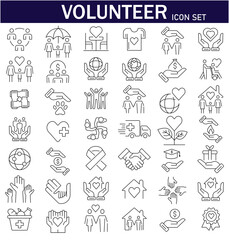 Volunteer icons Set. Volunteering, Donations, Humanitarian Aid, Peace-Keeping Missions Symbols Contour Illustrations .Editable stroke. Vector illustration. EPS 10.