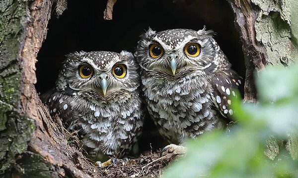 Two spotted owls perched together in a tree hollow, surrounded by lush greenery