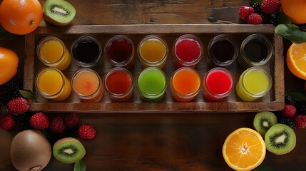 Colorful assortment of fresh fruit juices displayed in glass shot glasses on a rustic wooden table surrounded by fresh fruits and berries