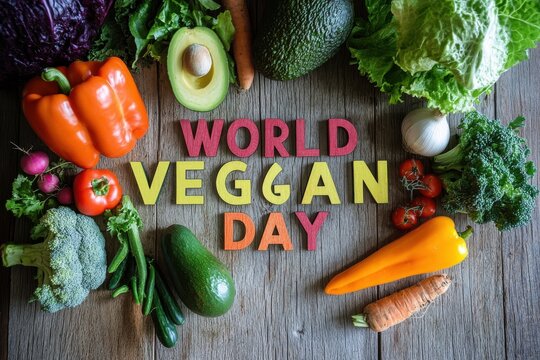A colorful assortment of fresh vegetables arranged around a world veggan day message on a wooden surface