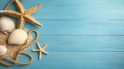Coastal Decor with Starfish, Seashells and Sand on Blue Background