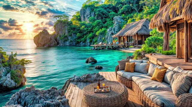 Luxury overwater bungalow with thatch roof on turquoise lagoon at sunset. Tropical island paradise with lush vegetation on mountainous cliffs. Serene retreat with wicker furniture on wooden deck.